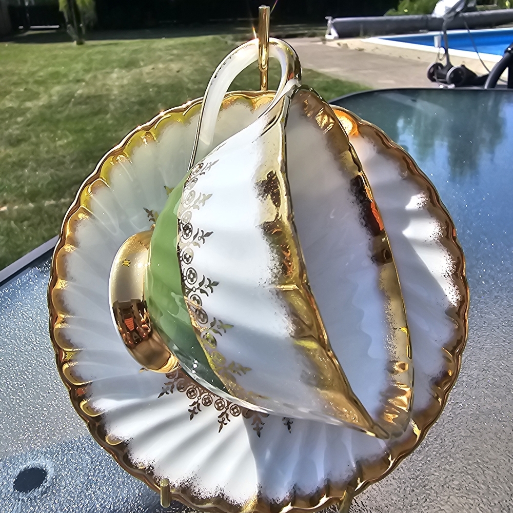 Royal Adderley Tea Cup and Saucer, Gorgeous Green Gold  Band Teacup and Saucer